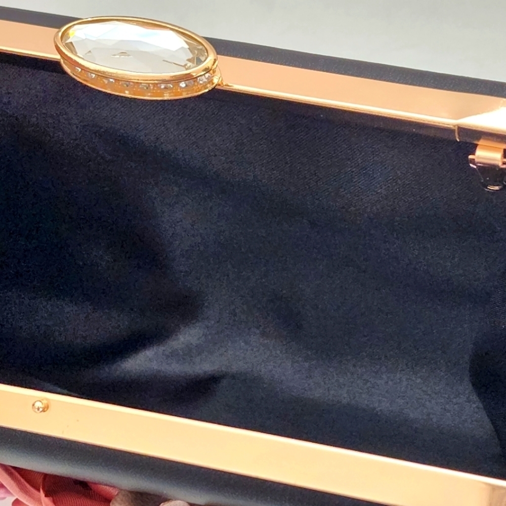 Women's Black Leather Satin Flowers Evening Clutch Bag - Picture 7 of 8